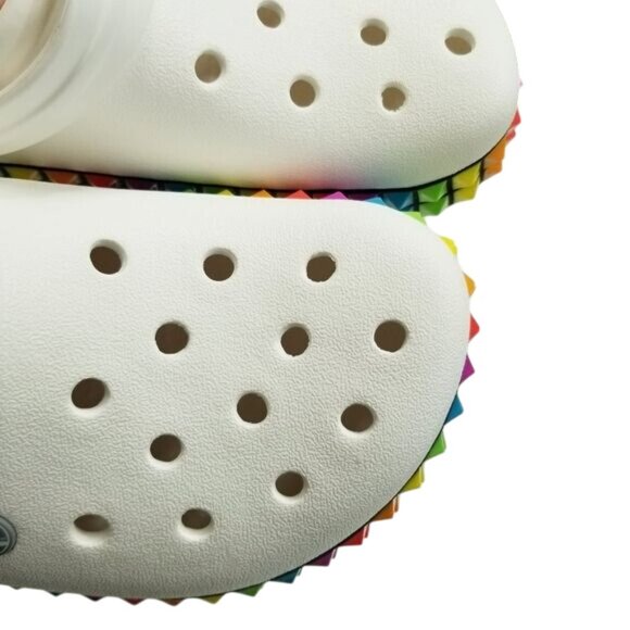 White Crocs Classic Clogs Rainbow Pyramid Studs Along Soles Unisex Size W11/M9 - Picture 11 of 15